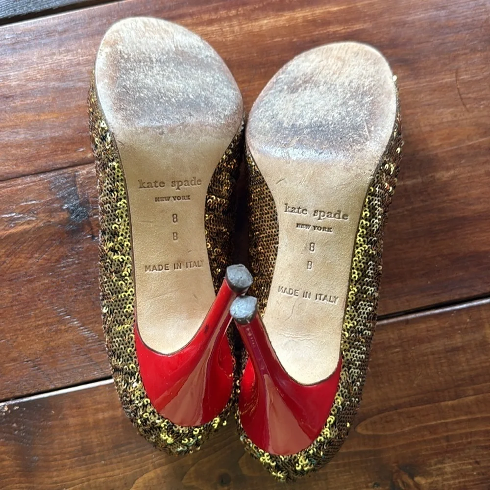 Kate Spade New York gold sequin red heel stiletto pumps size 8 Made in Italy
